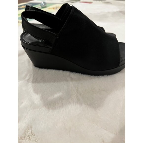 Eileen Fisher Black Peep Toe Slingback Platform Wedge Heels Size 8.5 - Picture 3 of 9